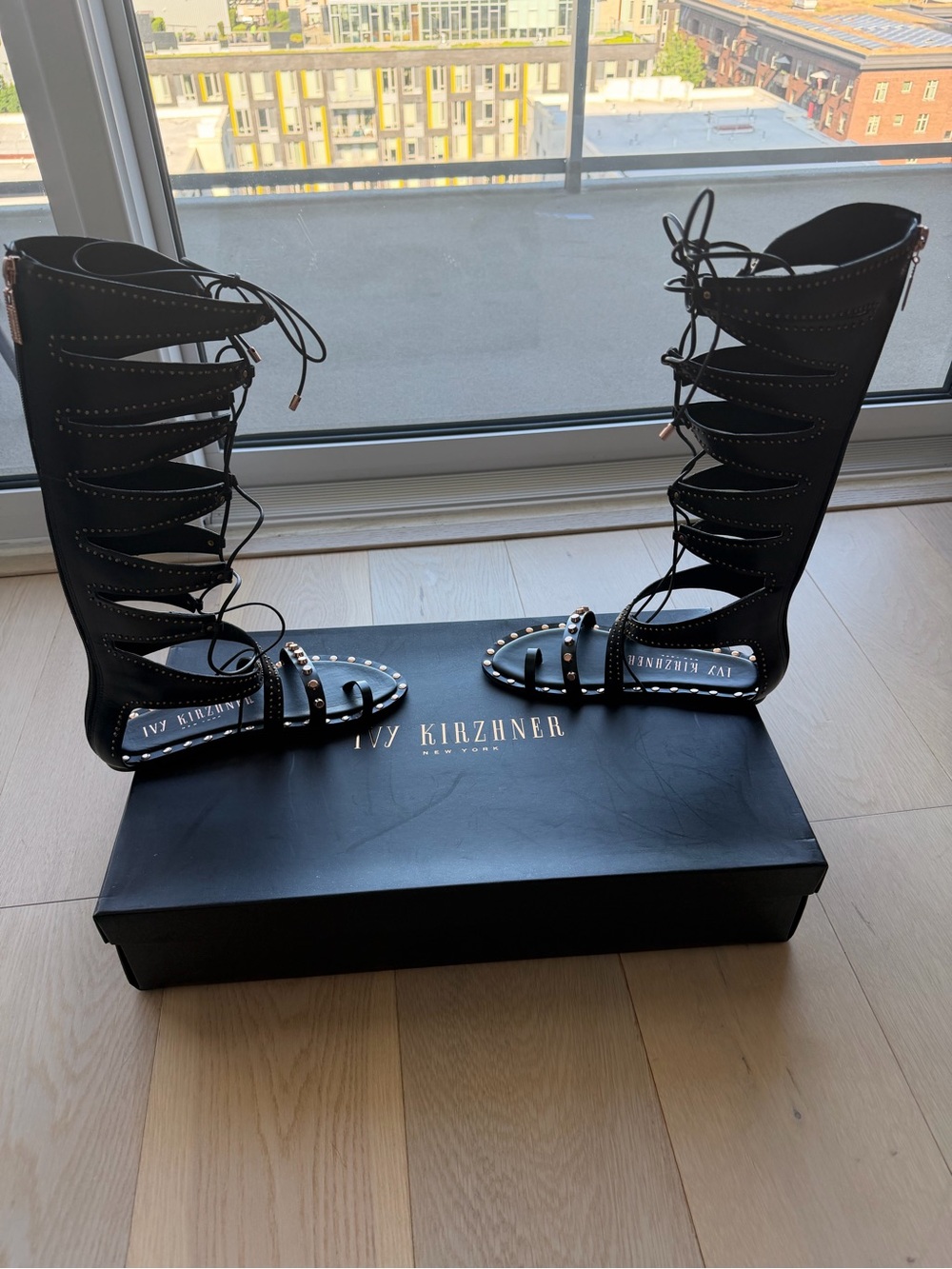 Ivy Kirzhner Black Studded Lace-Up Gladiator Boots